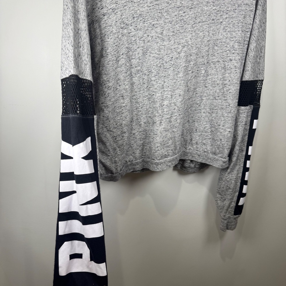 Victoria's Secret PINK Long Sleeve T-Shirt Women M Gray Mesh Logo Streetwear - Picture 3 of 5